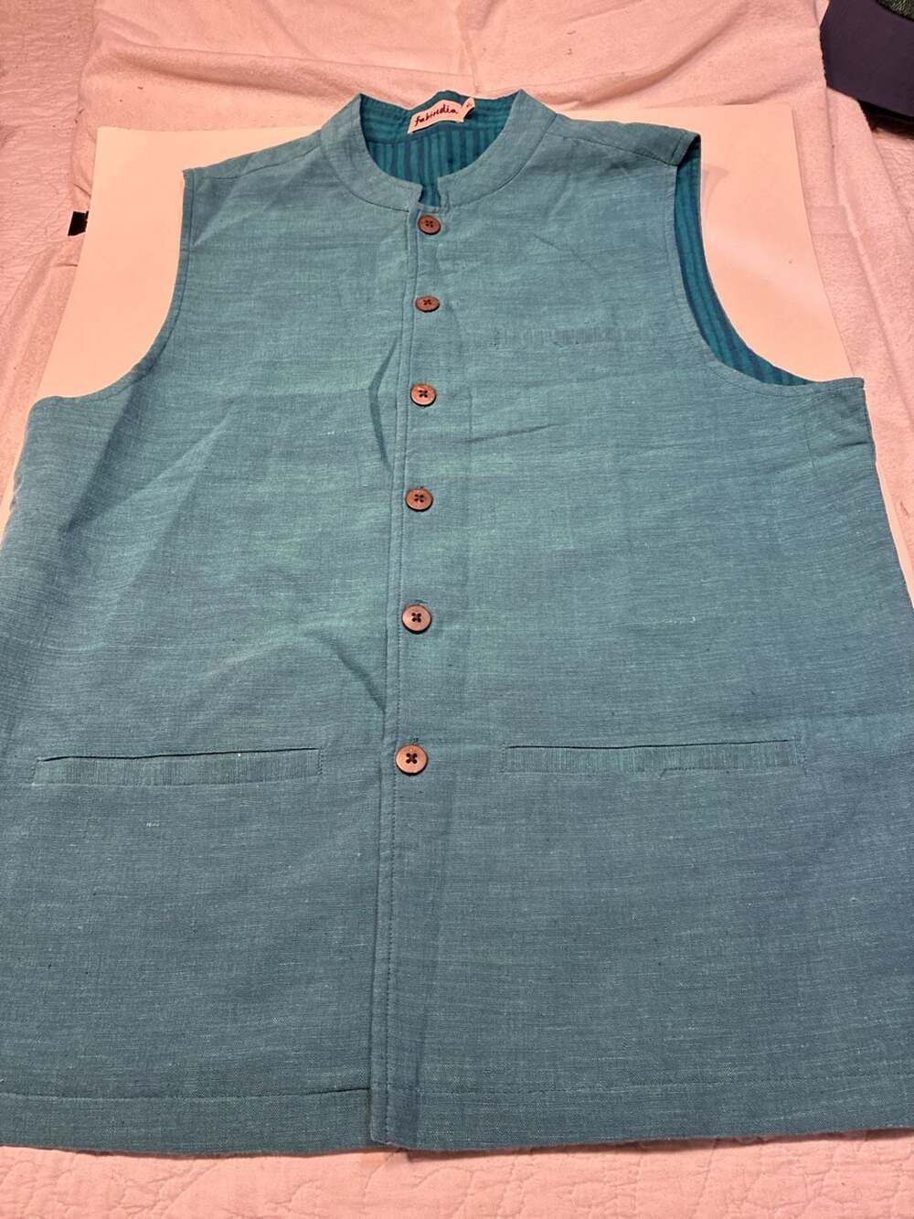 Fabindia Men's Teal Blue Cotton Nehru Jacket Waistcoat